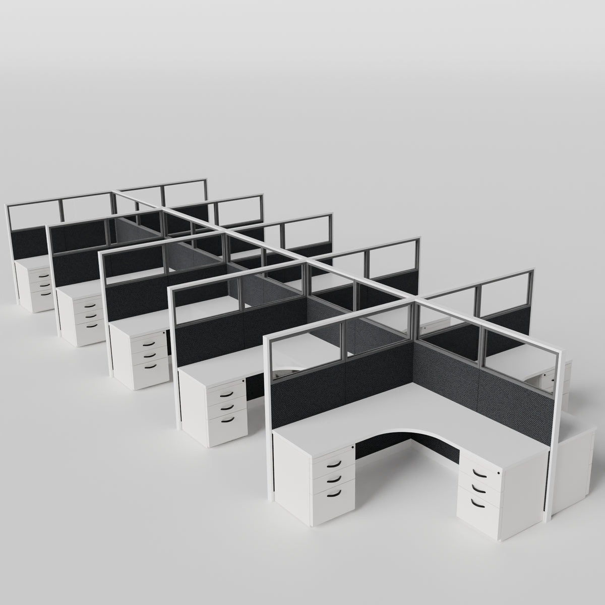 Knoll Reff Glass Panel Workstation - L-Shaped - Set of 10 - White Frame / Black Panel / 65" / 6' x 6'