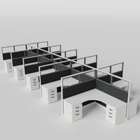 Knoll Reff Glass Panel Workstation - L-Shaped - Set of 10 - White Frame / Black Panel / 65" / 6' x 6'