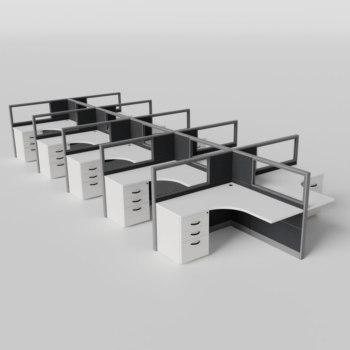 Knoll Reff Glass Panel Workstation - L-Shaped - Set of 10 - Gray Frame / Black Panel / 50" / 5' x 5'