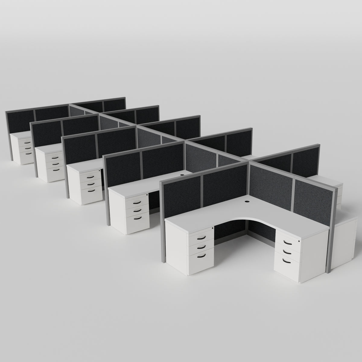Steelcase Avenir Fabric Panel Workstation - L-Shaped - Set of 10 - Gray Frame / Black Panel / 53" / 7' x 7'
