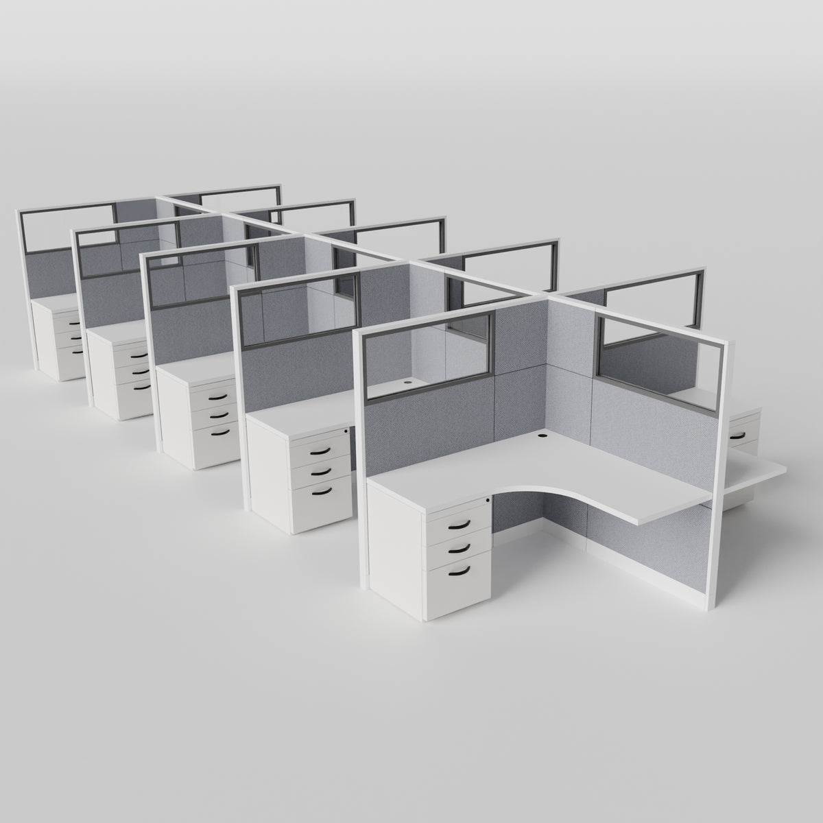 Knoll Reff Glass Panel Workstation - L-Shaped - Set of 10 - White Frame / Gray Panel / 65" / 5' x 5'