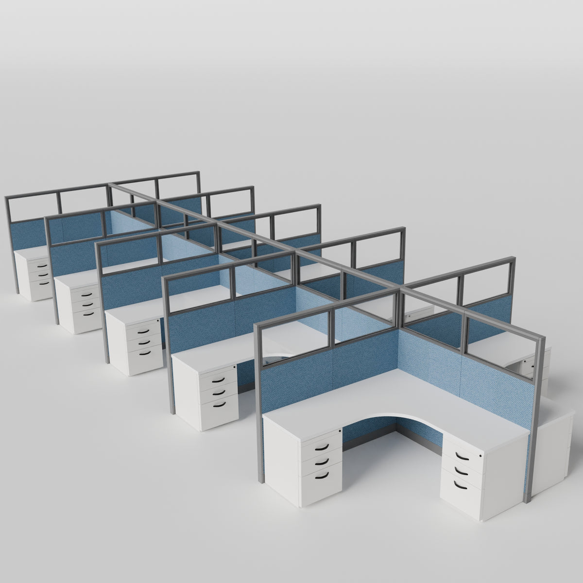 Knoll Reff Glass Panel Workstation - L-Shaped - Set of 10 - Gray Frame / Blue Panel / 65" / 6' x 6'