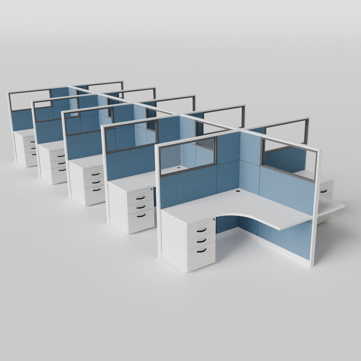 Knoll Reff Glass Panel Workstation - L-Shaped - Set of 10 - White Frame / Blue Panel / 65" / 5' x 5'