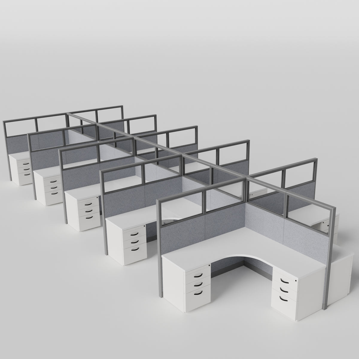 Knoll Reff Glass Panel Workstation - L-Shaped - Set of 10 - Gray Frame / Gray Panel / 65" / 6' x 6'