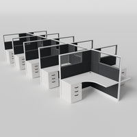 Knoll Reff Glass Panel Workstation - L-Shaped - Set of 10 - White Frame / Black Panel / 65" / 5' x 5'