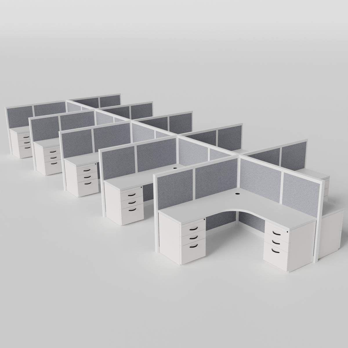 Steelcase Avenir Fabric Panel Workstation - L-Shaped - Set of 10 - White Frame / Gray Panel / 53" / 7' x 7'