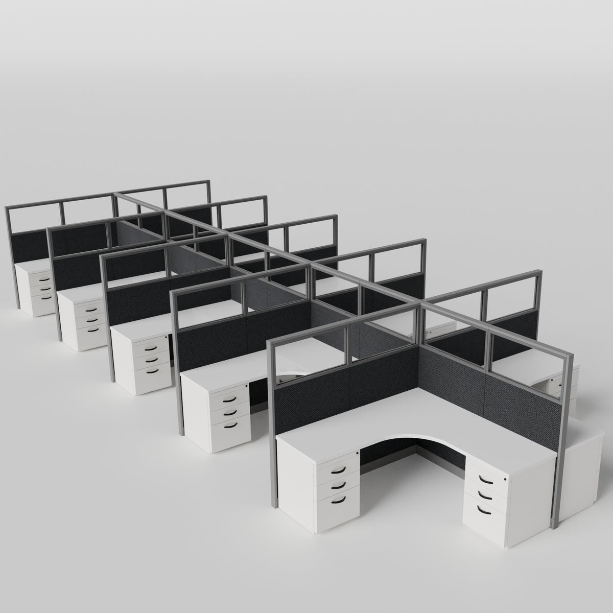 Knoll Reff Glass Panel Workstation - L-Shaped - Set of 10 - Gray Frame / Black Panel / 65" / 6' x 6'