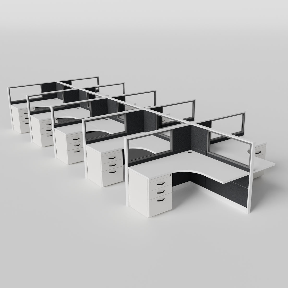 Knoll Reff Glass Panel Workstation - L-Shaped - Set of 10 - White Frame / Black Panel / 50" / 5' x 5'