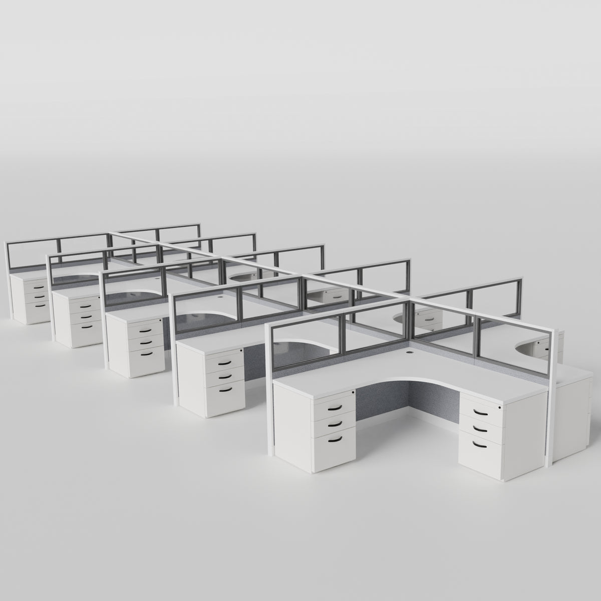 Knoll Reff Glass Panel Workstation - L-Shaped - Set of 10 - White Frame / Gray Panel / 50" / 6' x 6'