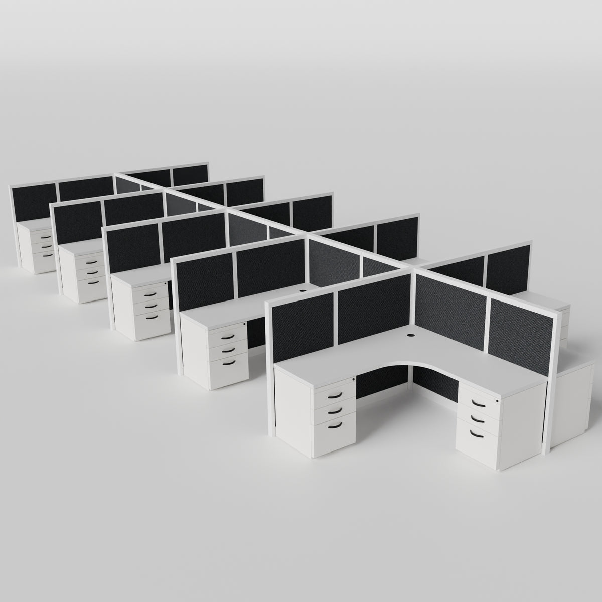 Steelcase Avenir Fabric Panel Workstation - L-Shaped - Set of 10 - White Frame / Black Panel / 53" / 7' x 7'