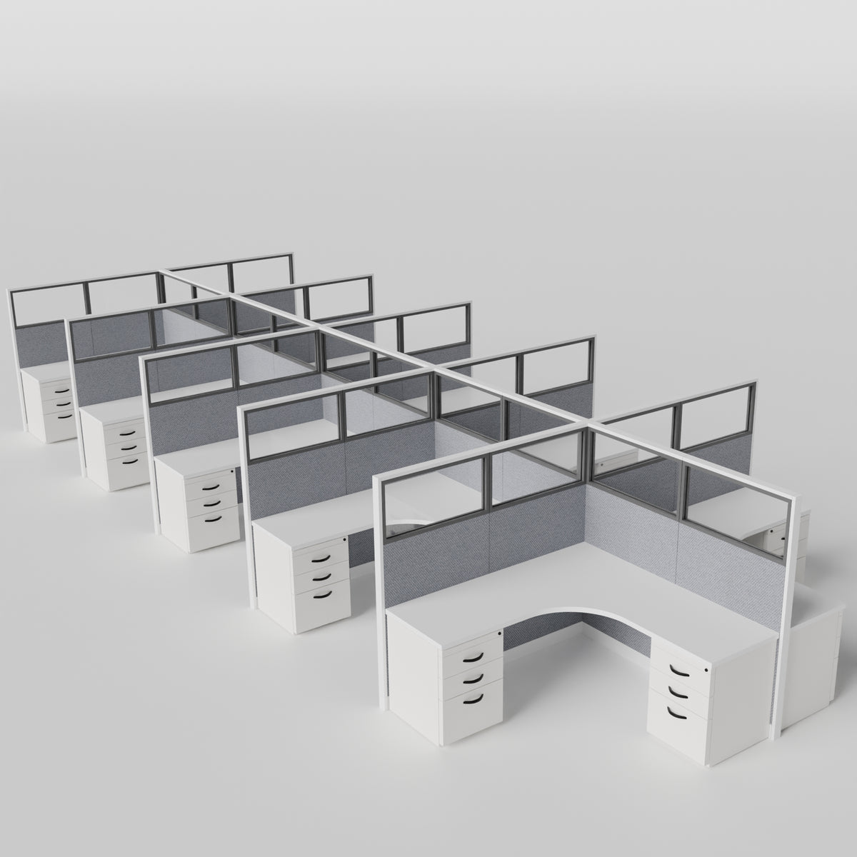 Knoll Reff Glass Panel Workstation - L-Shaped - Set of 10 - White Frame / Gray Panel / 65" / 6' x 6'