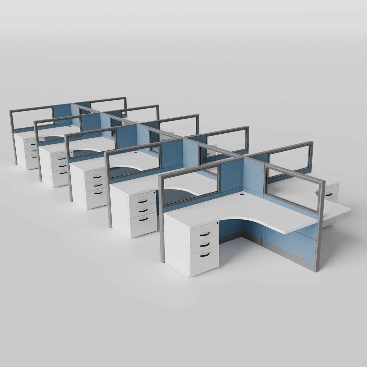 Knoll Reff Glass Panel Workstation - L-Shaped - Set of 10 - Gray Frame / Blue Panel / 50" / 5' x 5'
