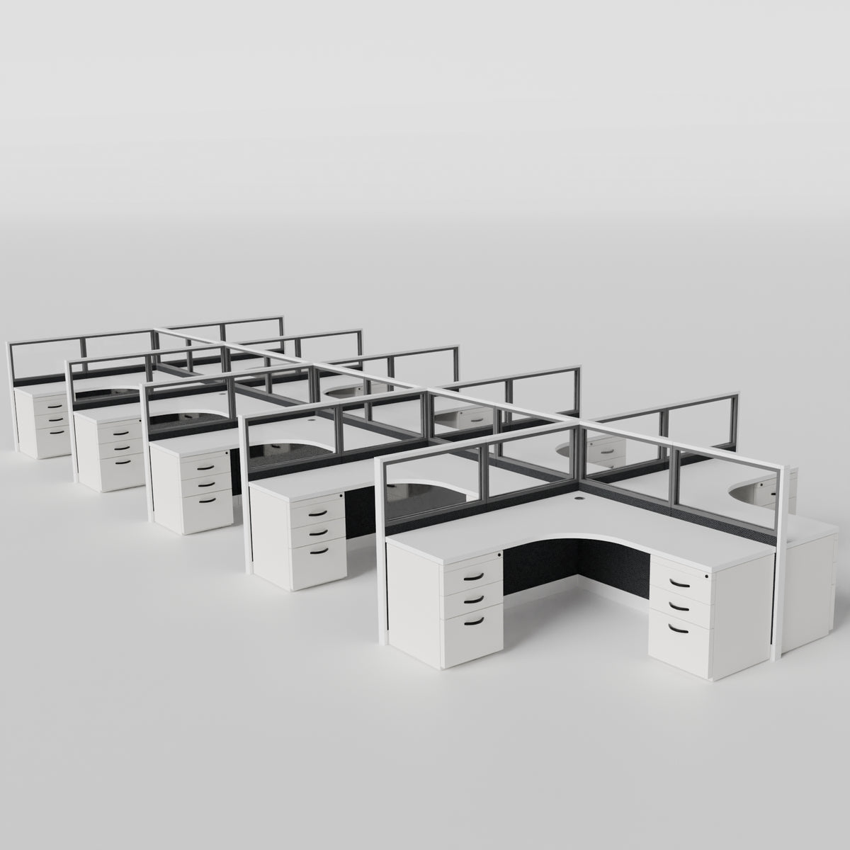 Knoll Reff Glass Panel Workstation - L-Shaped - Set of 10 - White Frame / Black Panel / 50" / 6' x 6'