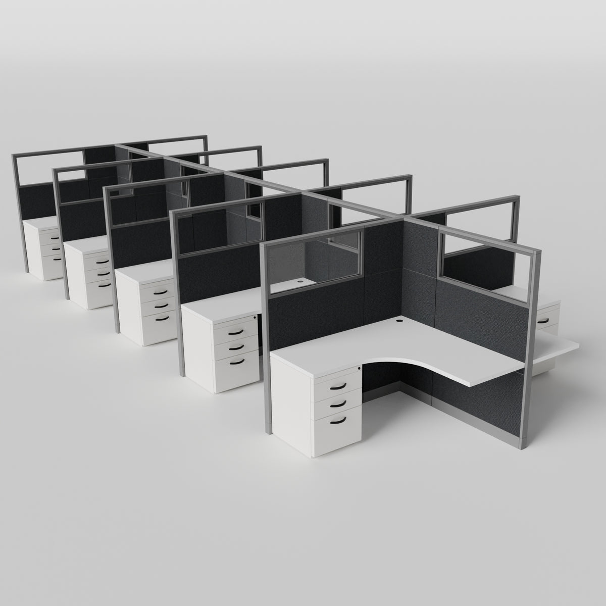 Knoll Reff Glass Panel Workstation - L-Shaped - Set of 10 - Gray Frame / Black Panel / 65" / 5' x 5'