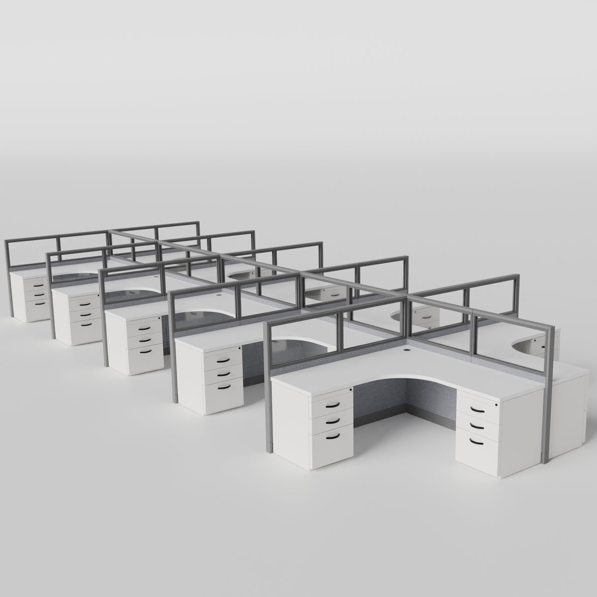 Knoll Reff Glass Panel Workstation - L-Shaped - Set of 10 - Gray Frame / Gray Panel / 50" / 6' x 6'