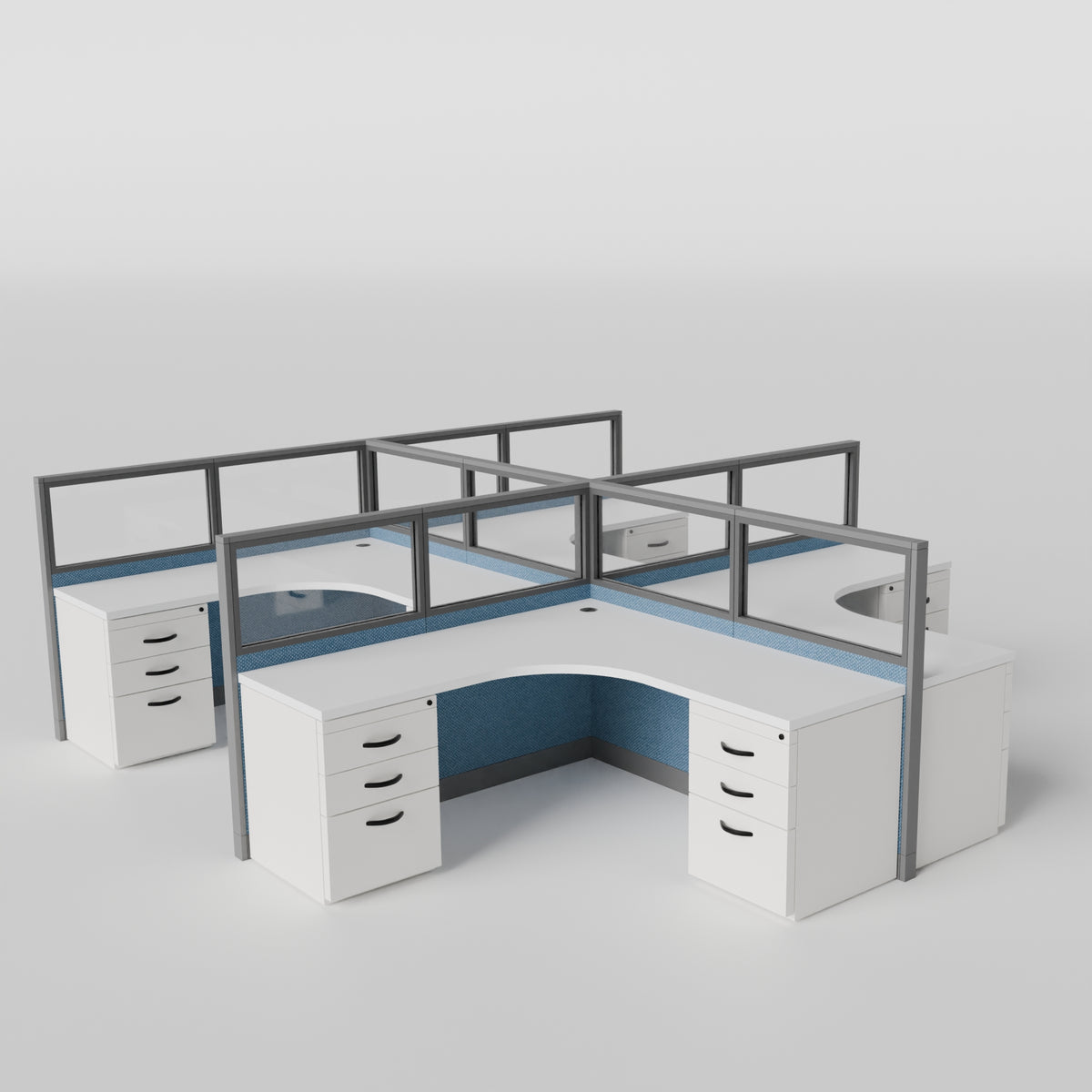 Knoll Reff Glass Panel Workstation - L-Shaped - Set of 4 - Gray Frame / Blue Panel / 50" / 6' x 6'