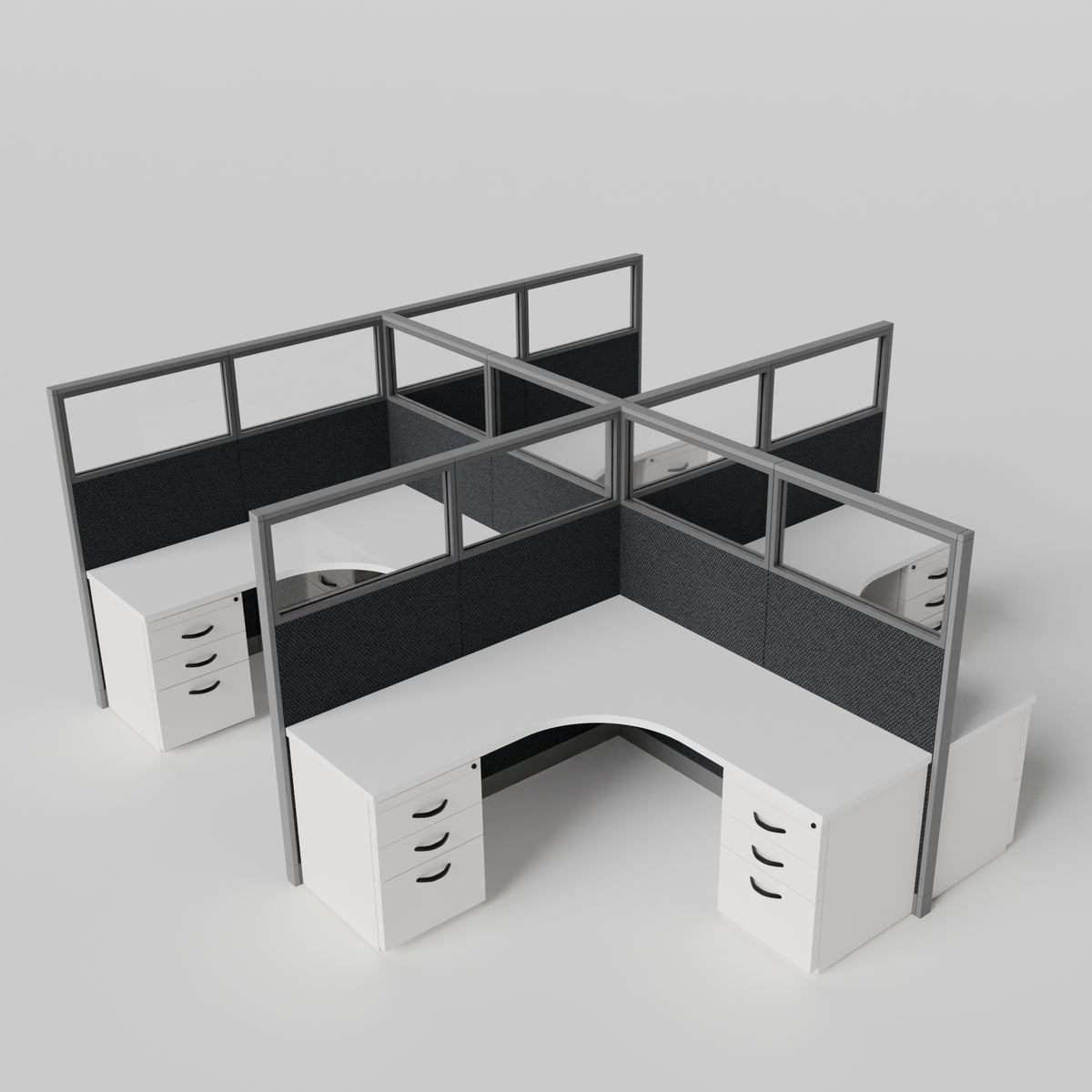 Knoll Reff Glass Panel Workstation - L-Shaped - Set of 4 - Gray Frame / Black Panel / 65" / 6' x 6'