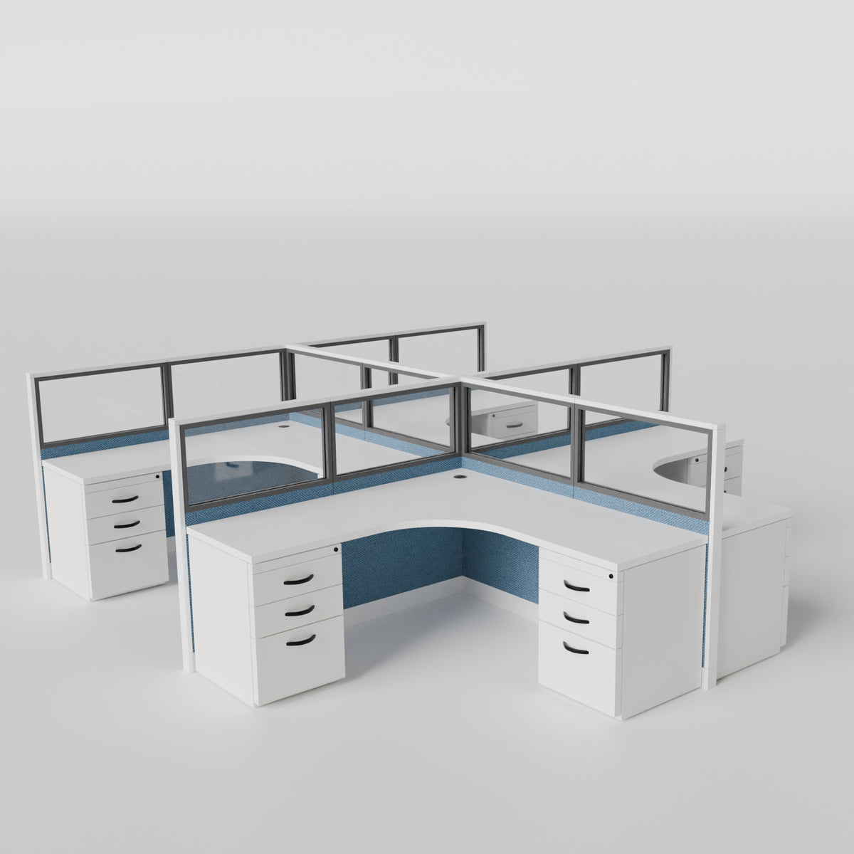 Knoll Reff Glass Panel Workstation - L-Shaped - Set of 4 - White Frame / Blue Panel / 50" / 6' x 6'
