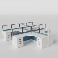 Knoll Reff Glass Panel Workstation - L-Shaped - Set of 4 - White Frame / Blue Panel / 50" / 6' x 6'
