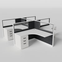 Knoll Reff Glass Panel Workstation - L-Shaped - Set of 4 - White Frame / Black Panel / 50" / 5' x 5'