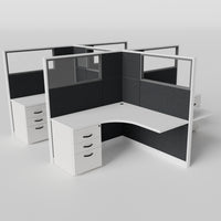 Knoll Reff Glass Panel Workstation - L-Shaped - Set of 4 - White Frame / Black Panel / 65" / 5' x 5'