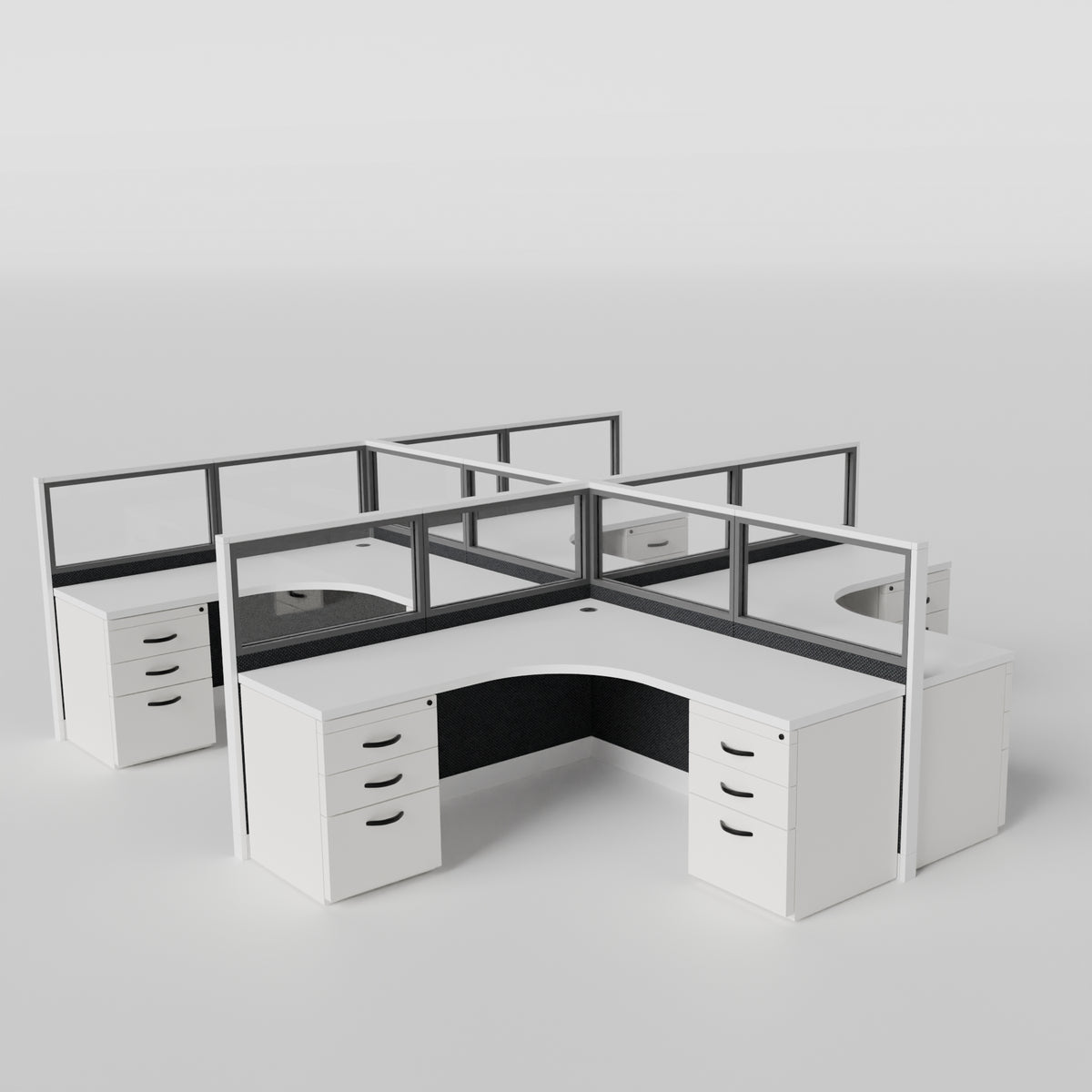 Knoll Reff Glass Panel Workstation - L-Shaped - Set of 4 - White Frame / Black Panel / 50" / 6' x 6'
