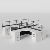 Knoll Reff Glass Panel Workstation - L-Shaped - Set of 4 - White Frame / Black Panel / 50" / 6' x 6'