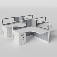 Knoll Reff Glass Panel Workstation - L-Shaped - Set of 4 - White Frame / Gray Panel / 50" / 5' x 5'