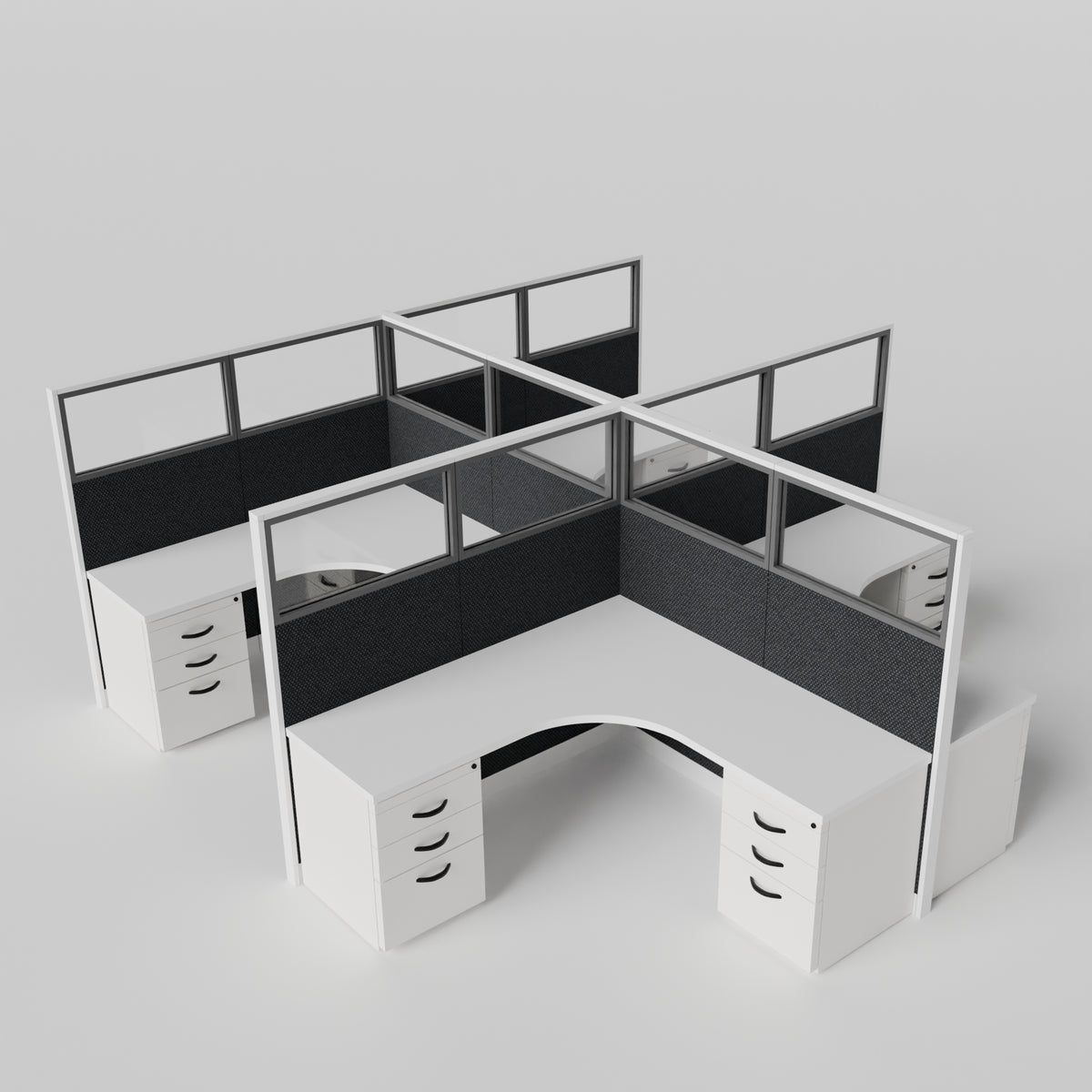 Knoll Reff Glass Panel Workstation - L-Shaped - Set of 4 - White Frame / Black Panel / 65" / 6' x 6'