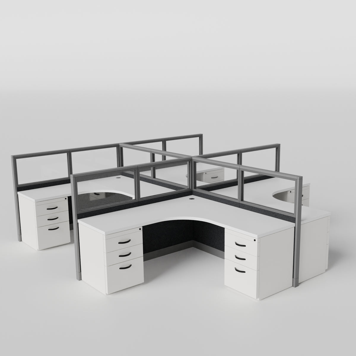 Knoll Reff Glass Panel Workstation - L-Shaped - Set of 4 - Gray Frame / Black Panel / 50" / 6' x 6'