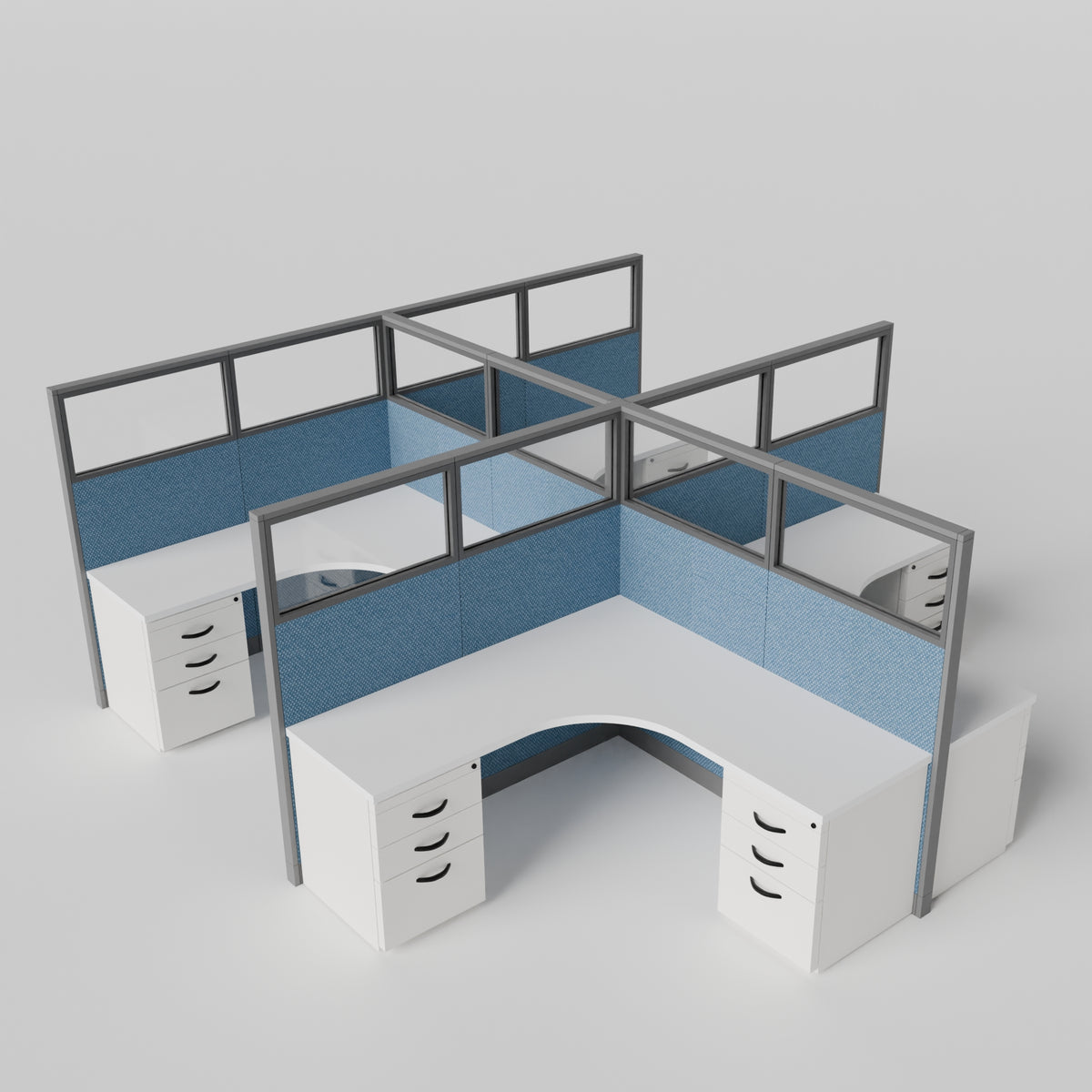 Knoll Reff Glass Panel Workstation - L-Shaped - Set of 4 - Gray Frame / Blue Panel / 65" / 6' x 6'