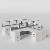 Knoll Reff Glass Panel Workstation - L-Shaped - Set of 4 - White Frame / Gray Panel / 50" / 6' x 6'