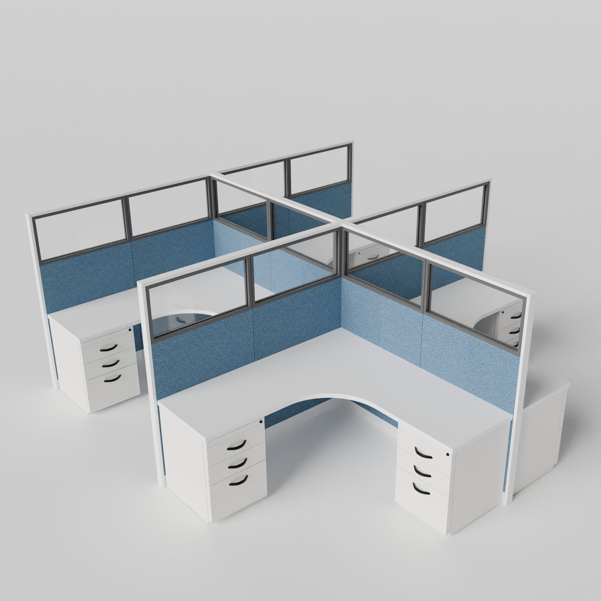 Knoll Reff Glass Panel Workstation - L-Shaped - Set of 4 - White Frame / Blue Panel / 65" / 6' x 6'
