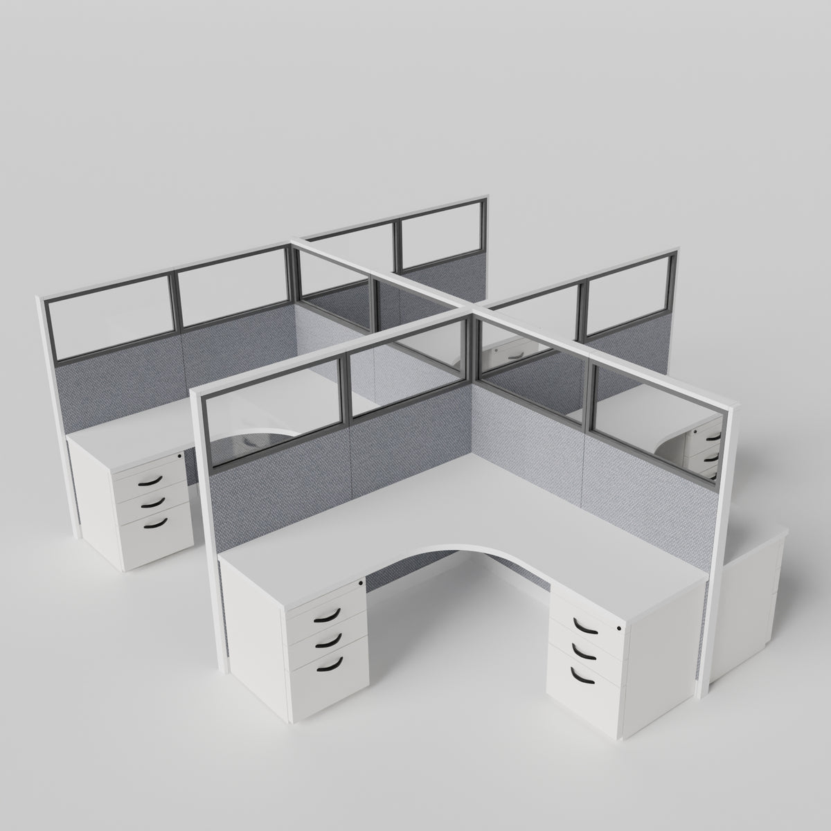 Knoll Reff Glass Panel Workstation - L-Shaped - Set of 4 - White Frame / Gray Panel / 65" / 6' x 6'