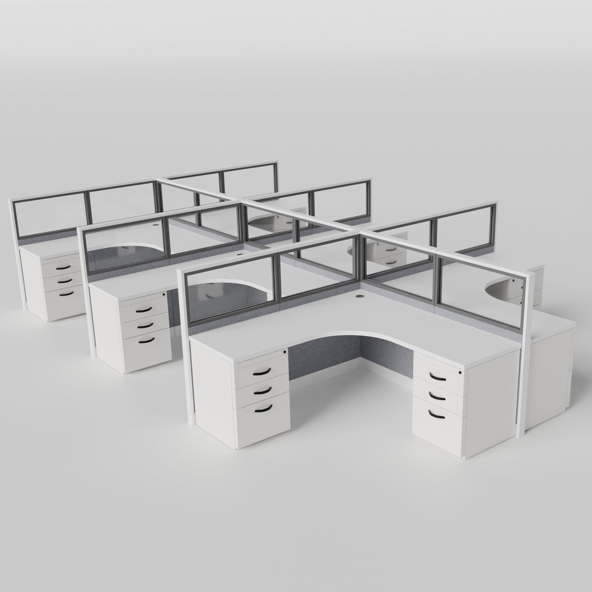 Knoll Reff Glass Panel Workstation - L-Shaped - Set of 6 - White Frame / Gray Panel / 50" / 6' x 6'