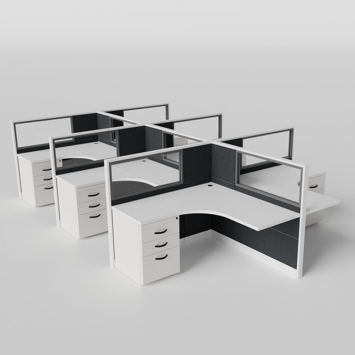Knoll Reff Glass Panel Workstation - L-Shaped - Set of 6 - White Frame / Black Panel / 50" / 5' x 5'