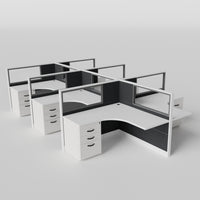 Knoll Reff Glass Panel Workstation - L-Shaped - Set of 6 - White Frame / Black Panel / 50" / 5' x 5'