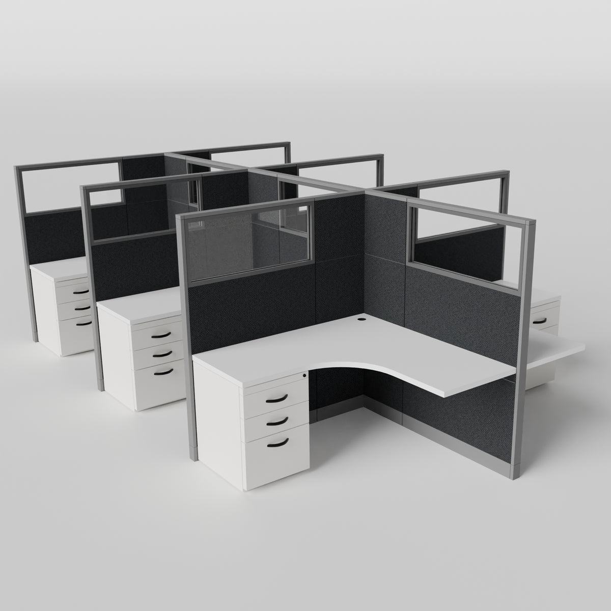 Knoll Reff Glass Panel Workstation - L-Shaped - Set of 6 - Gray Frame / Black Panel / 65" / 5' x 5'