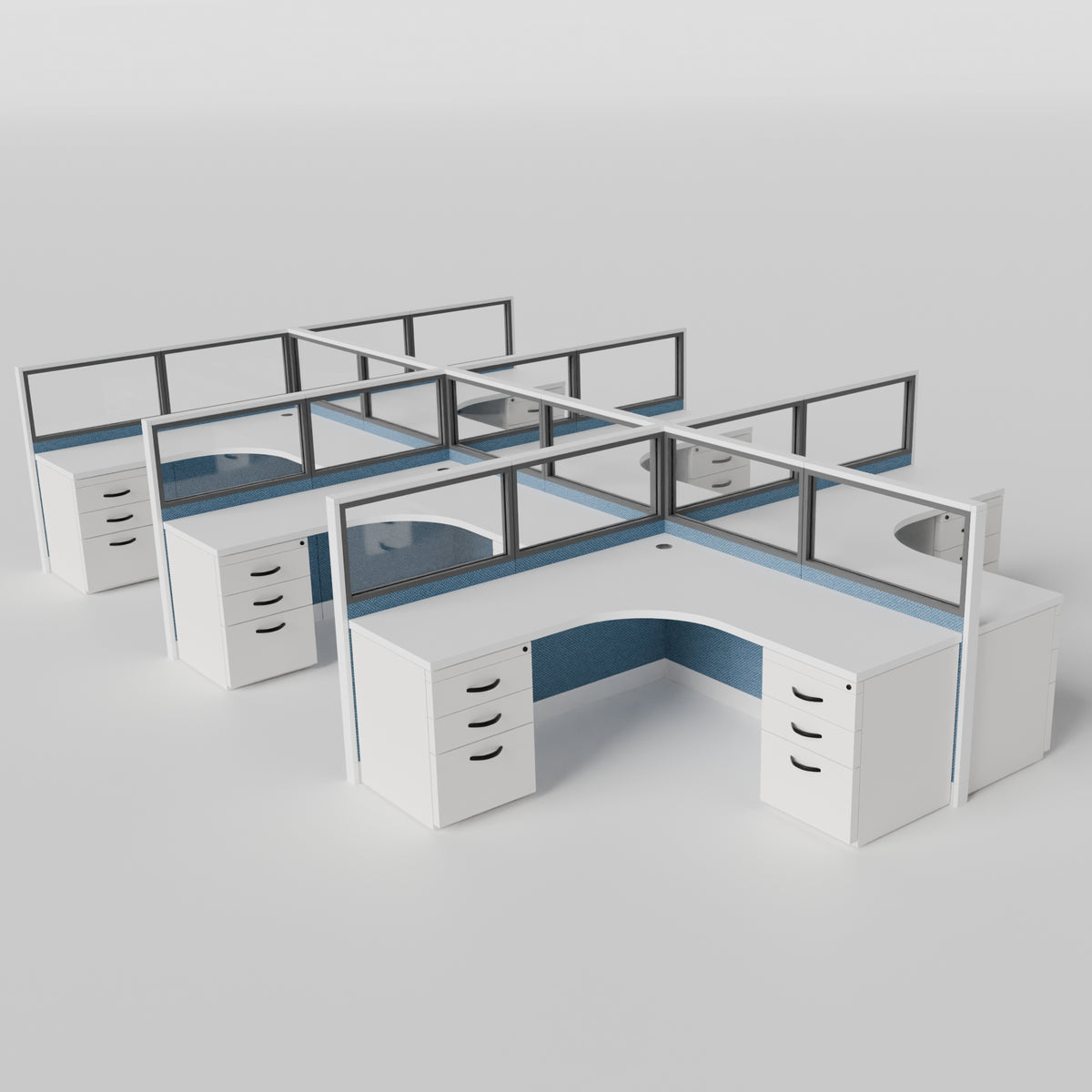 Knoll Reff Glass Panel Workstation - L-Shaped - Set of 6 - White Frame / Blue Panel / 50" / 6' x 6'