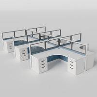 Knoll Reff Glass Panel Workstation - L-Shaped - Set of 6 - White Frame / Blue Panel / 50" / 6' x 6'