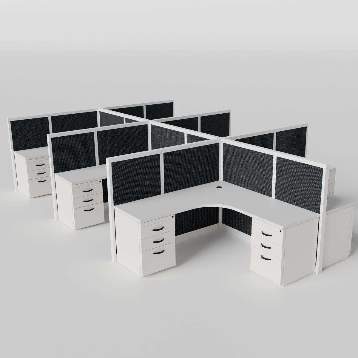Steelcase Avenir Fabric Panel Workstation - L-Shaped - Set of 6 - White Frame / Black Panel / 53" / 7' x 7'