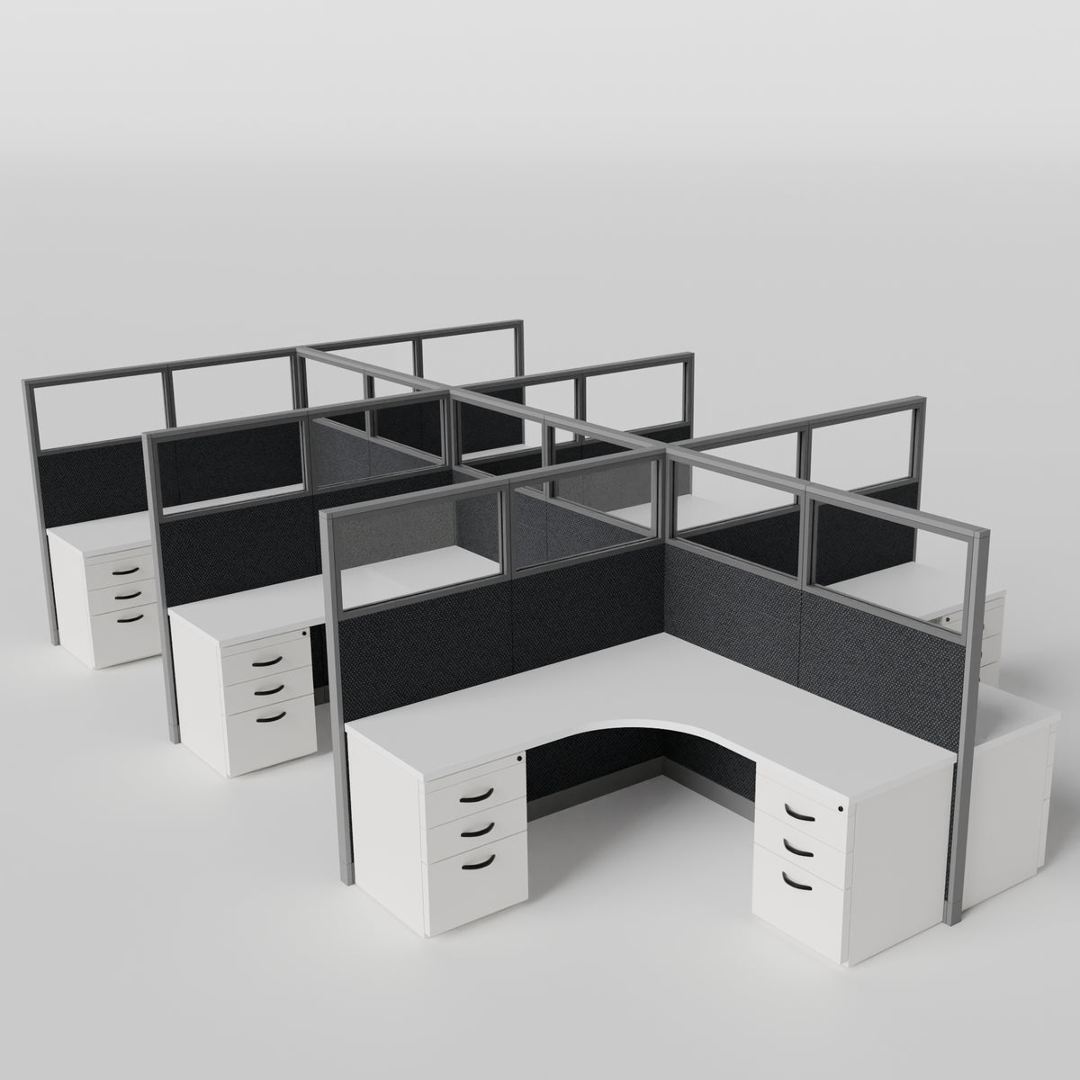 Knoll Reff Glass Panel Workstation - L-Shaped - Set of 6 - Gray Frame / Black Panel / 65" / 6' x 6'