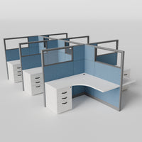 Knoll Reff Glass Panel Workstation - L-Shaped - Set of 6 - Gray Frame / Blue Panel / 65" / 5' x 5'