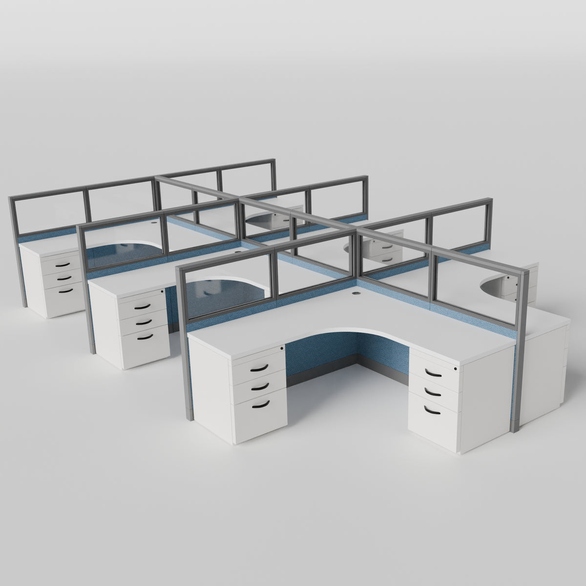 Knoll Reff Glass Panel Workstation - L-Shaped - Set of 6 - Gray Frame / Blue Panel / 50" / 6' x 6'