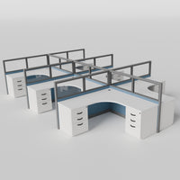 Knoll Reff Glass Panel Workstation - L-Shaped - Set of 6 - Gray Frame / Blue Panel / 50" / 6' x 6'