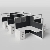 Knoll Reff Glass Panel Workstation - L-Shaped - Set of 6 - White Frame / Black Panel / 65" / 5' x 5'
