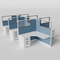 Knoll Reff Glass Panel Workstation - L-Shaped - Set of 6 - White Frame / Blue Panel / 65" / 5' x 5'