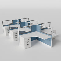 Knoll Reff Glass Panel Workstation - L-Shaped - Set of 6 - White Frame / Blue Panel / 50" / 5' x 5'