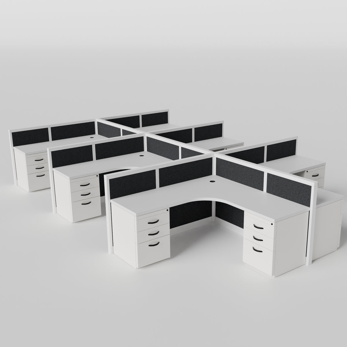 Steelcase Avenir Fabric Panel Workstation - L-Shaped - Set of 6 - White Frame / Black Panel / 42" / 7' x 7'