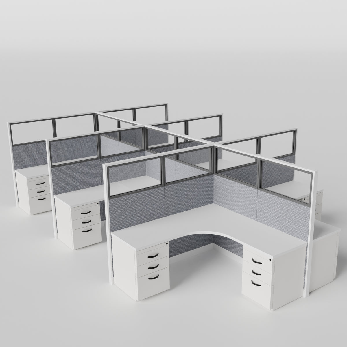 Knoll Reff Glass Panel Workstation - L-Shaped - Set of 6 - White Frame / Gray Panel / 65" / 6' x 6'
